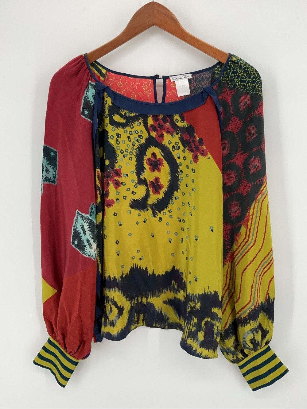 Vintage Oscar de la Renta Mixed Print Balloon Sleeve Silk Blend Blouse